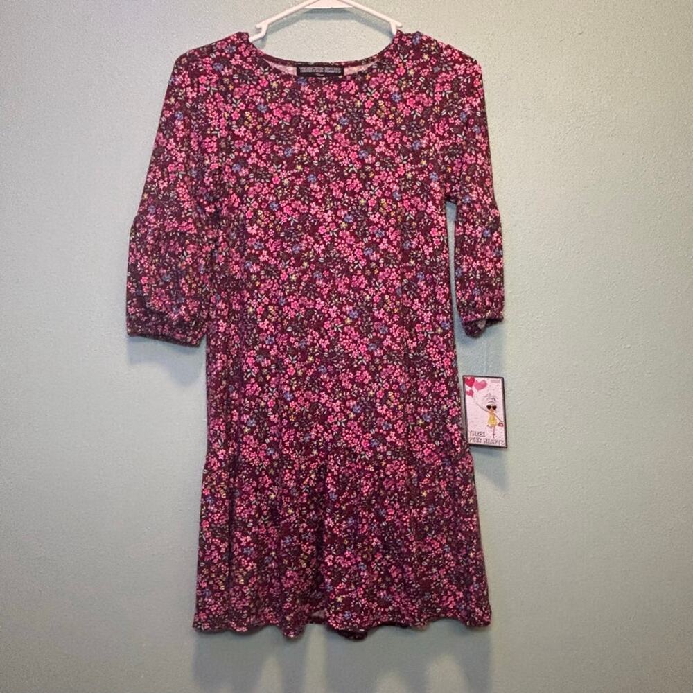 Juniors Three Pink Hearts L Burgundy Pink Floral Long Sleeve Dress